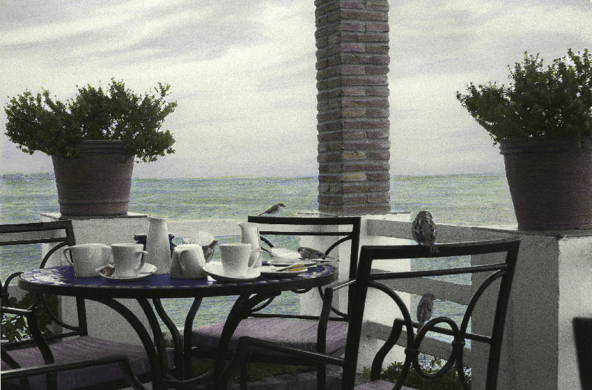 painting of seaside view with table and cups