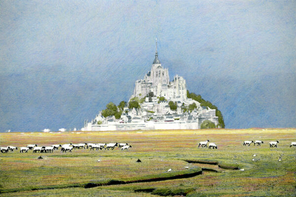 Mont Saint Michel France with sheep in foreground