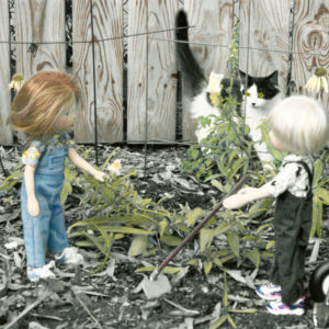 wooden dolls gardening while kittens keep watch