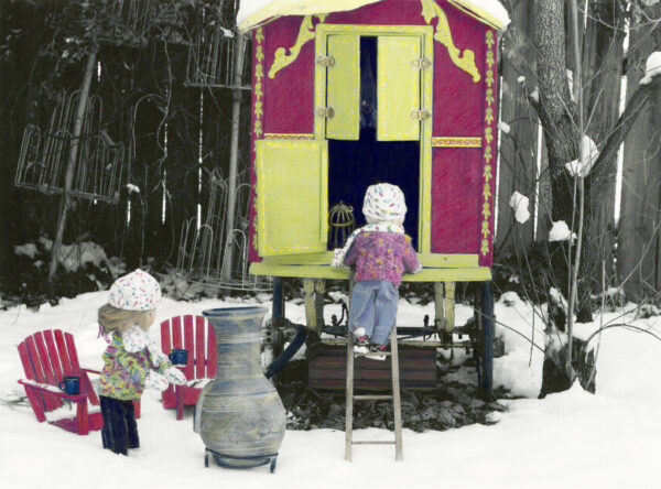 wooden dolls at their caravan in the snow